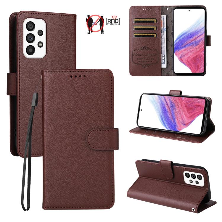 Funda de cuero con textura Litchi para Samsung Galaxy A53 5G, con bloqueo RFID y capacidad para 3 tarjetas (marrón)
