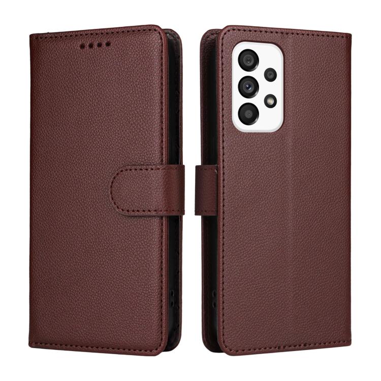 Funda de cuero con textura Litchi para Samsung Galaxy A53 5G, con bloqueo RFID y capacidad para 3 tarjetas (marrón)