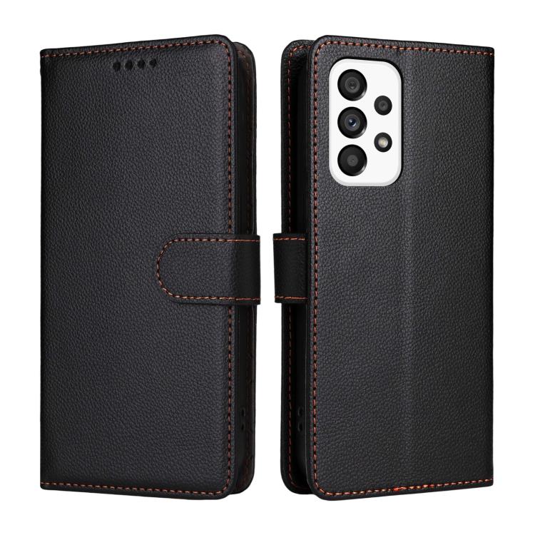Funda de cuero con textura Litchi para Samsung Galaxy A53 5G, con bloqueo RFID y capacidad para 3 tarjetas (negro)