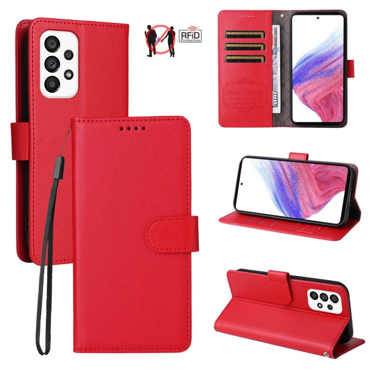 Funda de cuero con textura Litchi para Samsung Galaxy A53 5G, con bloqueo RFID y capacidad para 3 tarjetas (roja)