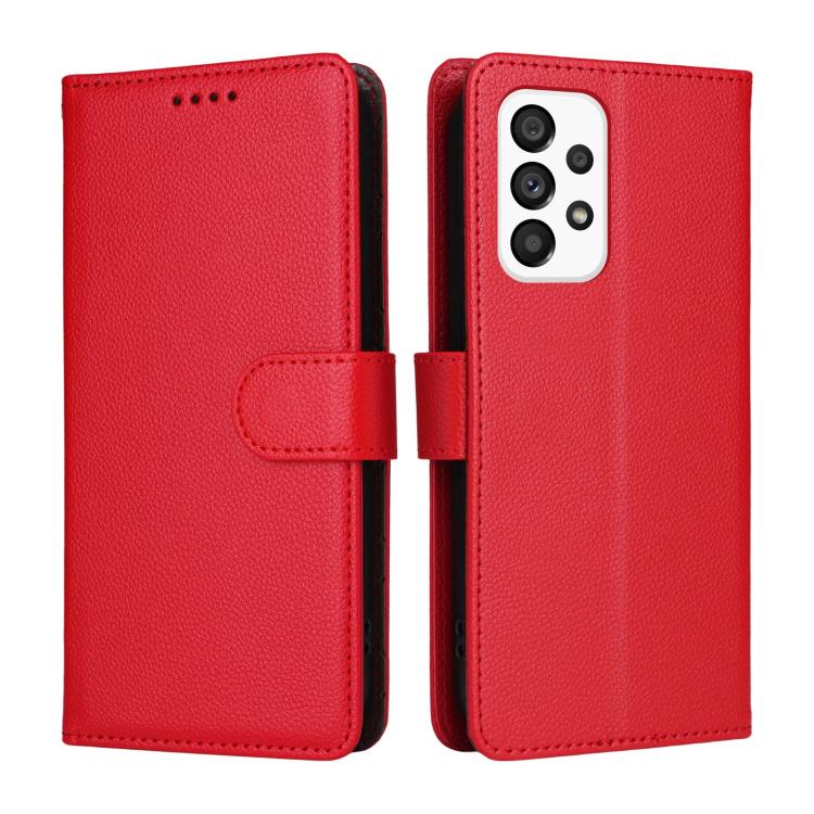 Funda de cuero con textura Litchi para Samsung Galaxy A53 5G, con bloqueo RFID y capacidad para 3 tarjetas (roja)