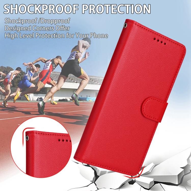 Funda de cuero con textura Litchi para Samsung Galaxy A53 5G, con bloqueo RFID y capacidad para 3 tarjetas (roja)
