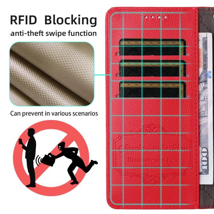 Funda de cuero con textura Litchi para Samsung Galaxy A53 5G, con bloqueo RFID y capacidad para 3 tarjetas (roja)