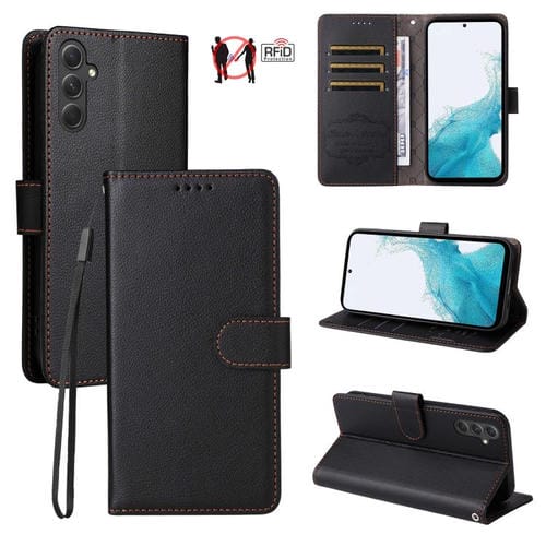 Funda de cuero con textura Litchi para Samsung Galaxy A54 5G, con bloqueo RFID y capacidad para 3 tarjetas (negro)
