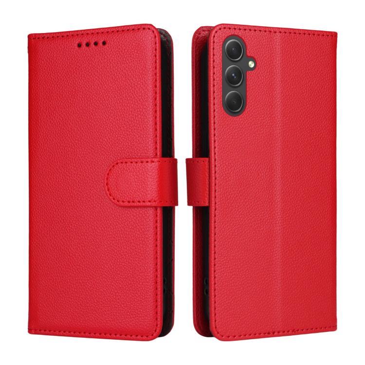 Funda de cuero con textura Litchi para Samsung Galaxy A54 5G, con bloqueo RFID y capacidad para 3 tarjetas (roja)