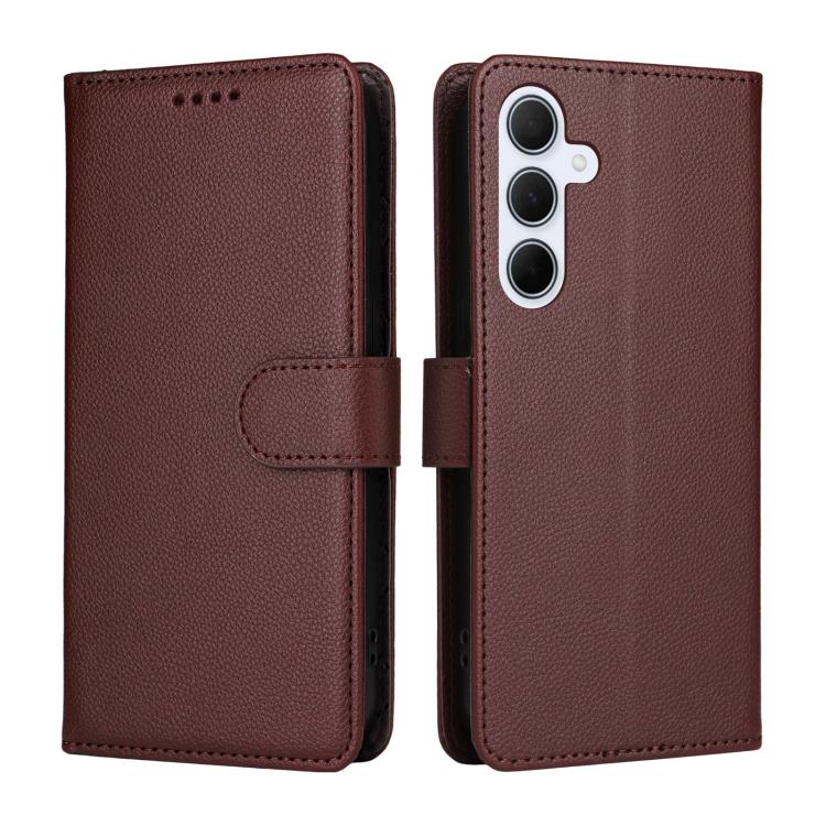 Funda de cuero con textura Litchi para Samsung Galaxy A55 5G, con bloqueo RFID y capacidad para 3 tarjetas (marrón)