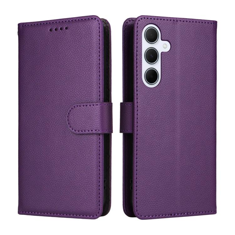 Funda de cuero tipo billetera con bloqueo RFID para Samsung Galaxy A55 5G, textura Litchi, para 3 tarjetas (morado)