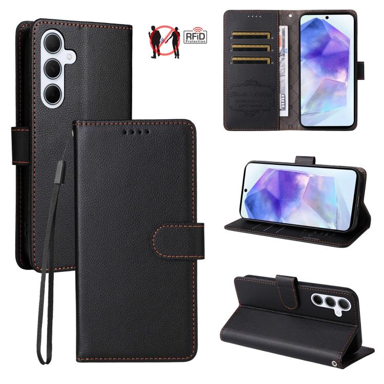 Funda de cuero con textura Litchi para Samsung Galaxy A55 5G, con bloqueo RFID y capacidad para 3 tarjetas (negro)