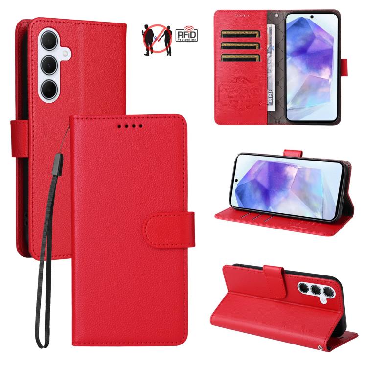 Funda de cuero con textura Litchi para Samsung Galaxy A55 5G, con bloqueo RFID y capacidad para 3 tarjetas (roja)