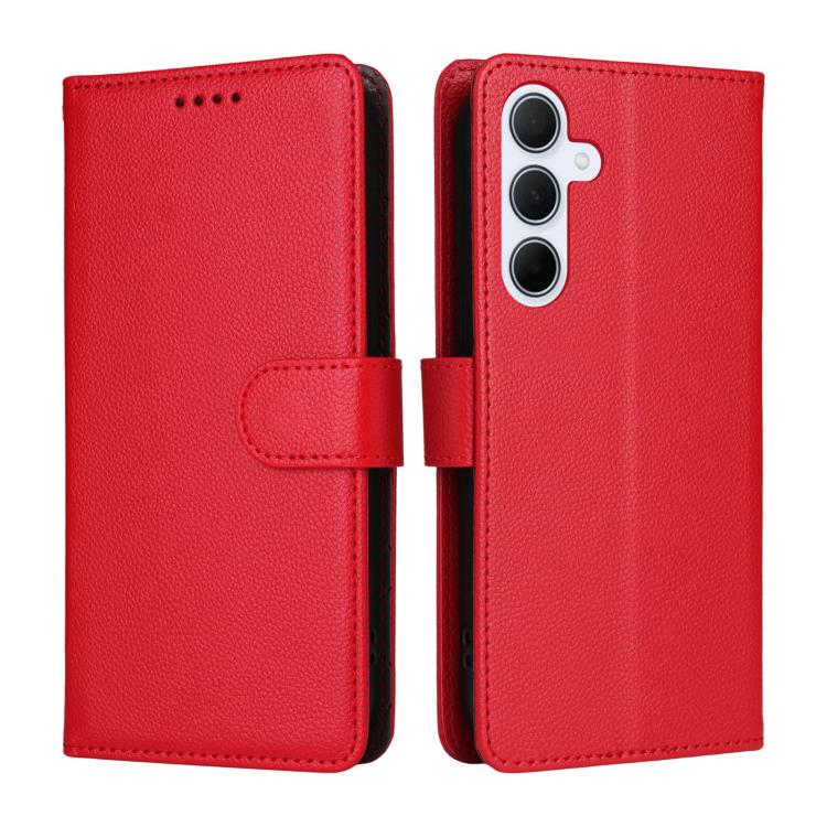 Funda de cuero con textura Litchi para Samsung Galaxy A55 5G, con bloqueo RFID y capacidad para 3 tarjetas (roja)