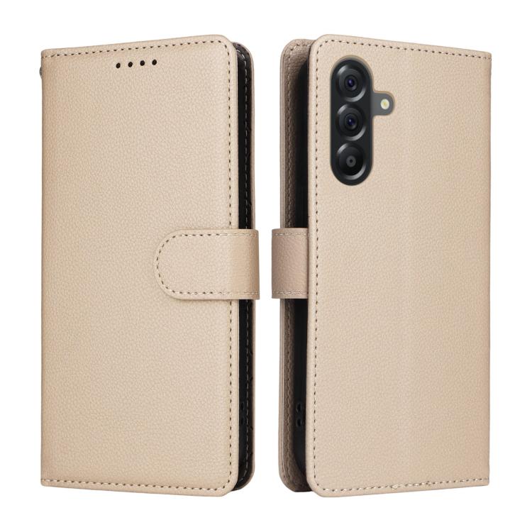 Funda de cuero tipo billetera con bloqueo RFID para Samsung Galaxy A56 5G, textura Litchi, para 3 tarjetas (beige)