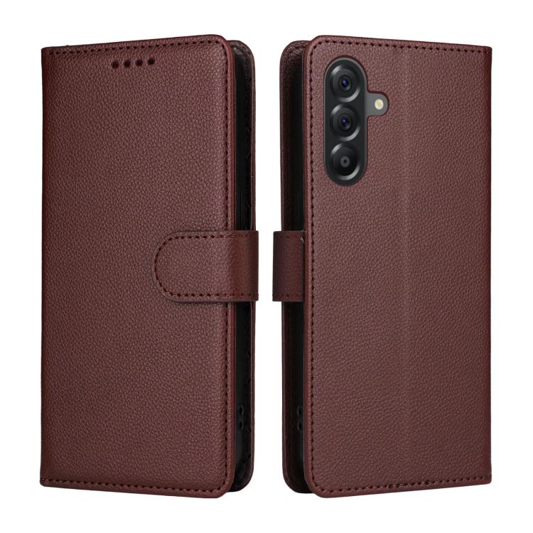 Funda de cuero con textura Litchi para Samsung Galaxy A56 5G, con bloqueo RFID y capacidad para 3 tarjetas (marrón)
