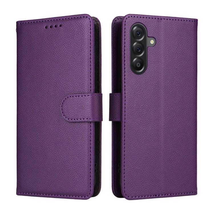 Funda de cuero tipo billetera con bloqueo RFID para Samsung Galaxy A56 5G, textura Litchi, para 3 tarjetas (morado)