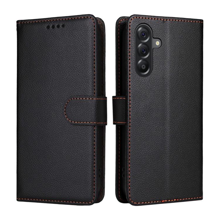 Funda de cuero con textura Litchi para Samsung Galaxy A56 5G, con bloqueo RFID y capacidad para 3 tarjetas (negro)