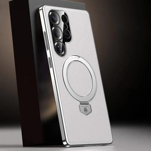 Funda de cuero lisa con soporte MagSafe para Samsung Galaxy S25 Ultra 5G (blanca)