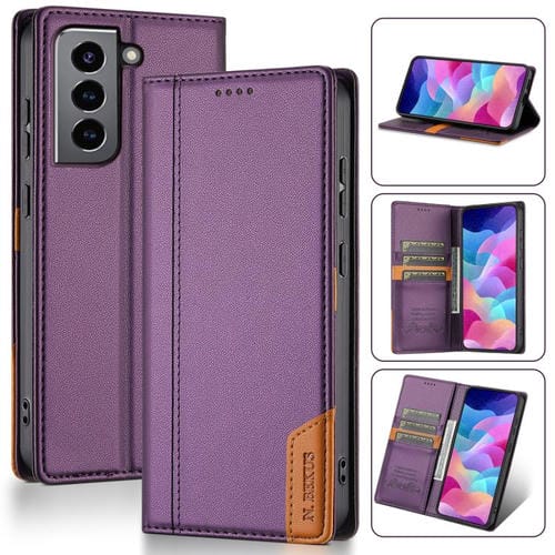 Funda de cuero con tapa magnética y costuras RFID para Samsung Galaxy S21 FE 5G N.BEKUS P3 (morado)