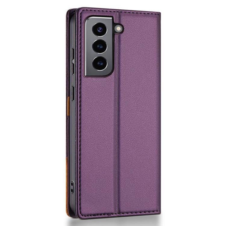 Funda de cuero con tapa magnética y costuras RFID para Samsung Galaxy S21 FE 5G N.BEKUS P3 (morado)