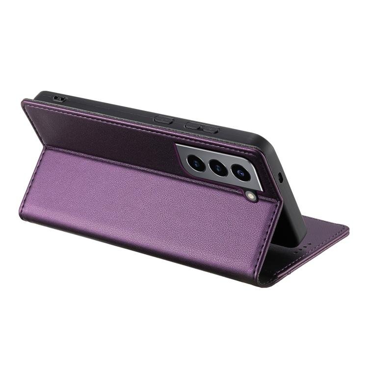 Funda de cuero con tapa magnética y costuras RFID para Samsung Galaxy S21 FE 5G N.BEKUS P3 (morado)