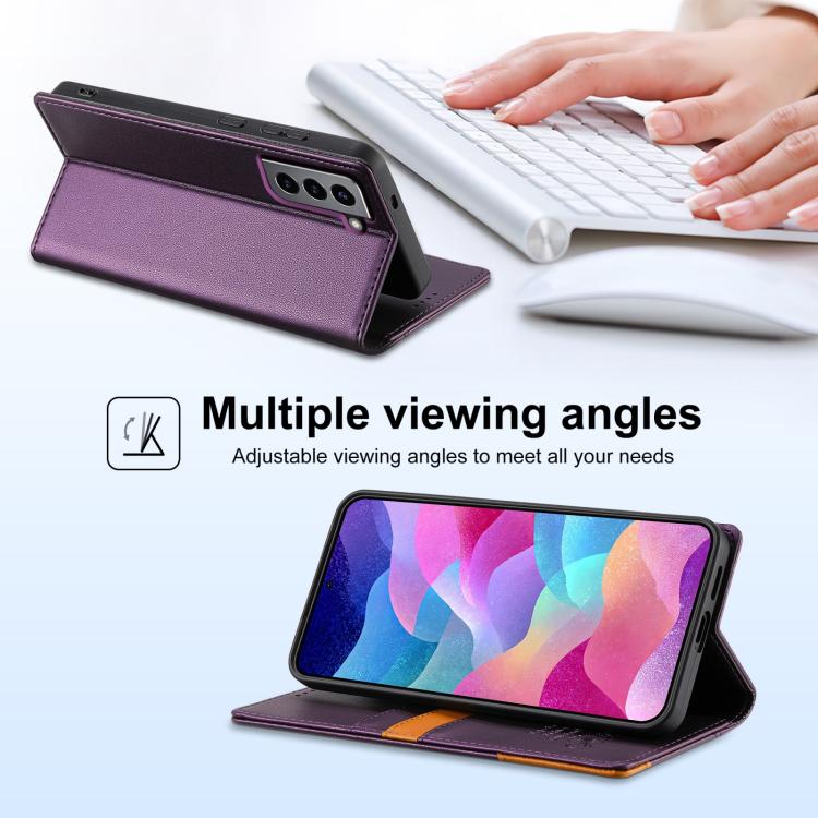Funda de cuero con tapa magnética y costuras RFID para Samsung Galaxy S21 FE 5G N.BEKUS P3 (morado)