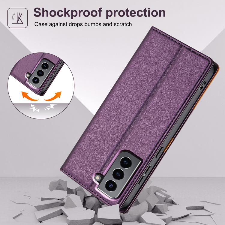 Funda de cuero con tapa magnética y costuras RFID para Samsung Galaxy S21 FE 5G N.BEKUS P3 (morado)