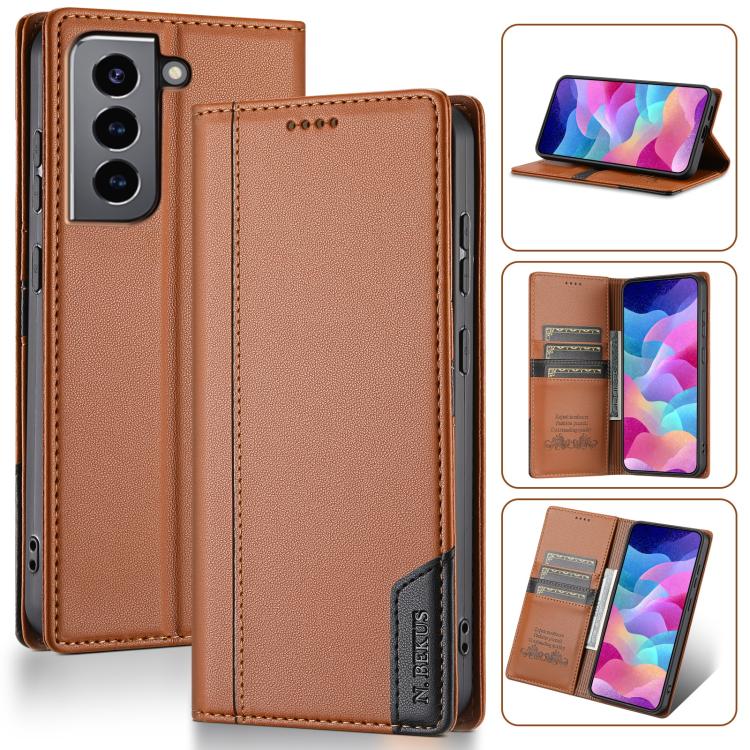 Funda de cuero con tapa magnética y costuras RFID para Samsung Galaxy S21 FE 5G N.BEKUS P3 (marrón)