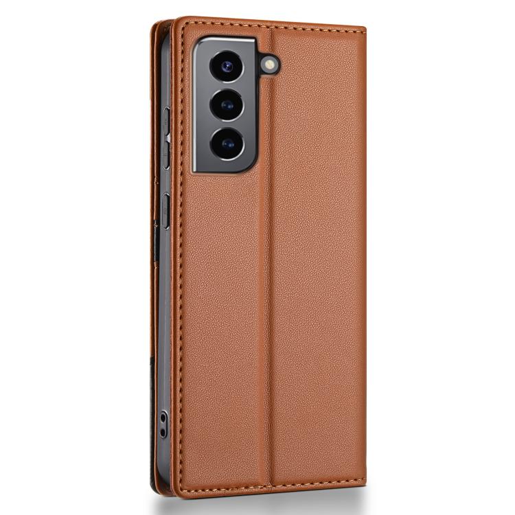 Funda de cuero con tapa magnética y costuras RFID para Samsung Galaxy S21 FE 5G N.BEKUS P3 (marrón)