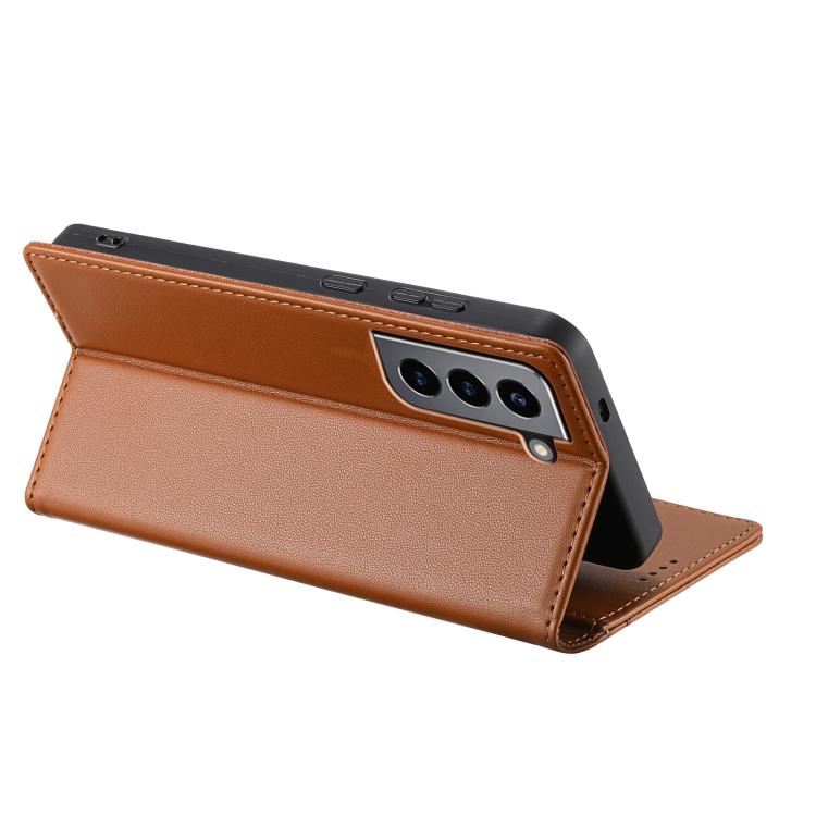 Funda de cuero con tapa magnética y costuras RFID para Samsung Galaxy S21 FE 5G N.BEKUS P3 (marrón)