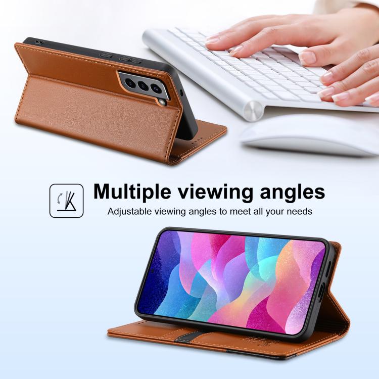 Funda de cuero con tapa magnética y costuras RFID para Samsung Galaxy S21 FE 5G N.BEKUS P3 (marrón)