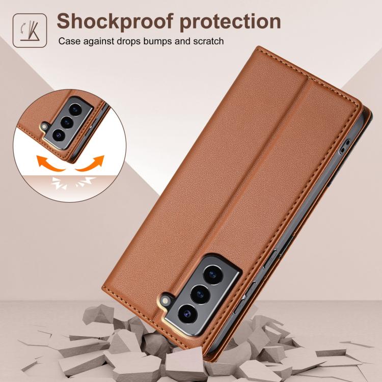 Funda de cuero con tapa magnética y costuras RFID para Samsung Galaxy S21 FE 5G N.BEKUS P3 (marrón)