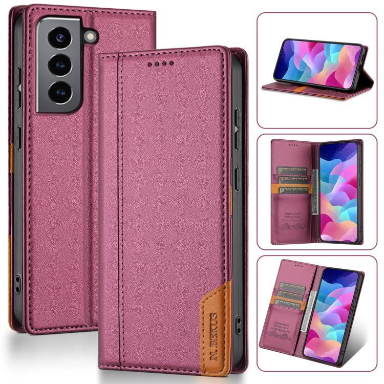 Funda de cuero con tapa magnética y costuras RFID para Samsung Galaxy S21+ 5G N.BEKUS P3 (rojo vino)