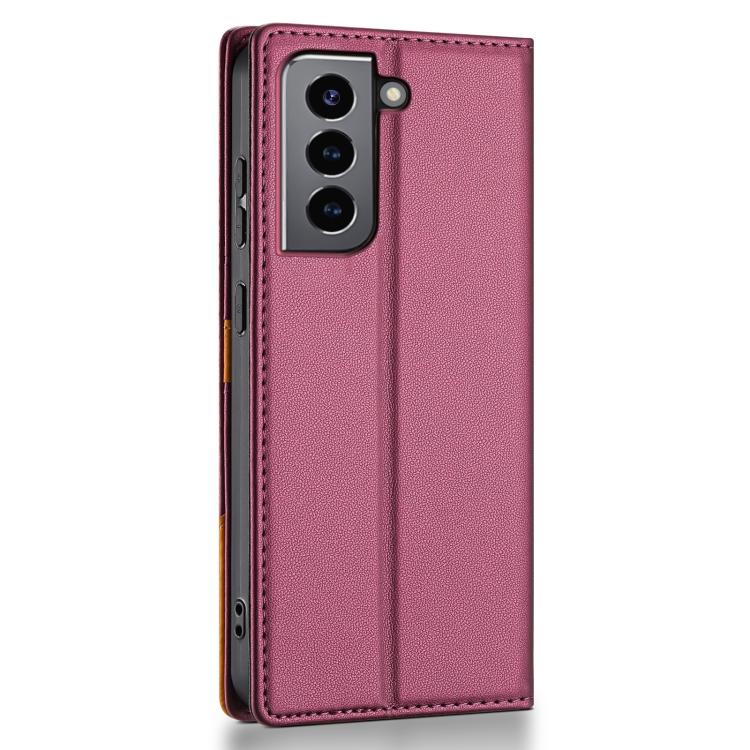 Funda de cuero con tapa magnética y costuras RFID para Samsung Galaxy S21+ 5G N.BEKUS P3 (rojo vino)