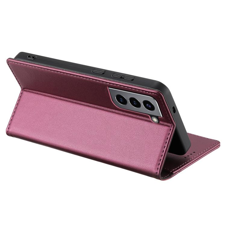 Funda de cuero con tapa magnética y costuras RFID para Samsung Galaxy S21+ 5G N.BEKUS P3 (rojo vino)