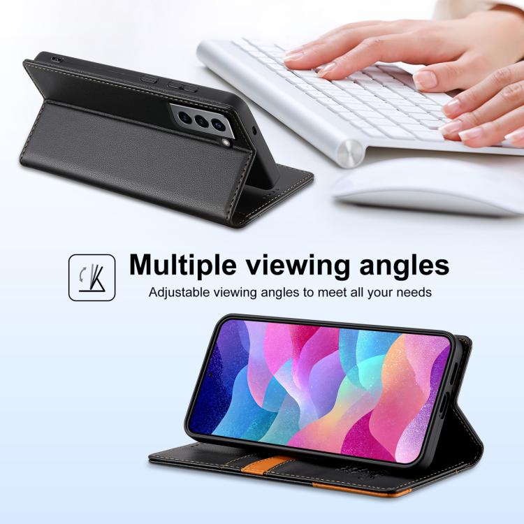 Funda de cuero con tapa magnética y costuras RFID para Samsung Galaxy S21 5G N.BEKUS P3 (negra)