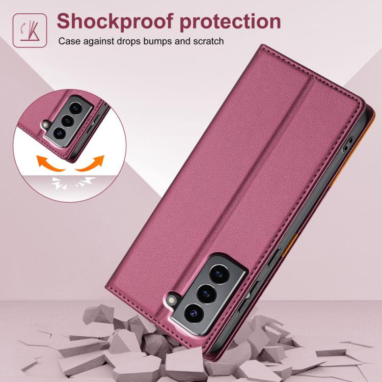 Funda de cuero con tapa magnética y costuras RFID para Samsung Galaxy S21 5G N.BEKUS P3 (rojo vino)
