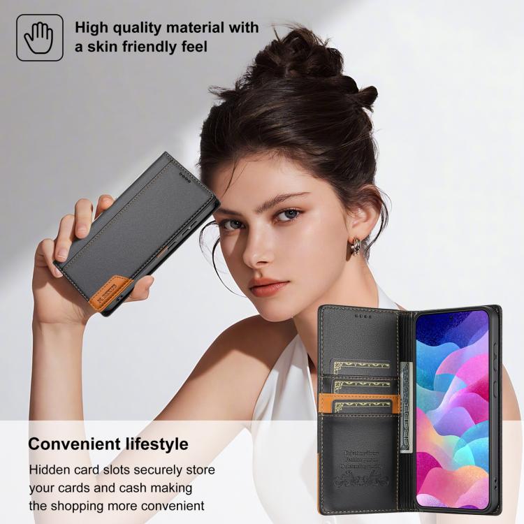 Funda de cuero con tapa magnética y costuras RFID para Samsung Galaxy S22 5G N.BEKUS P3 (negra)