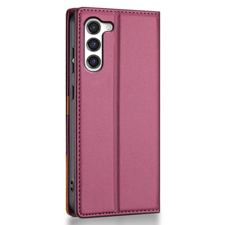 Funda de cuero con tapa magnética y costuras RFID para Samsung Galaxy S23 5G N.BEKUS P3 (rojo vino)