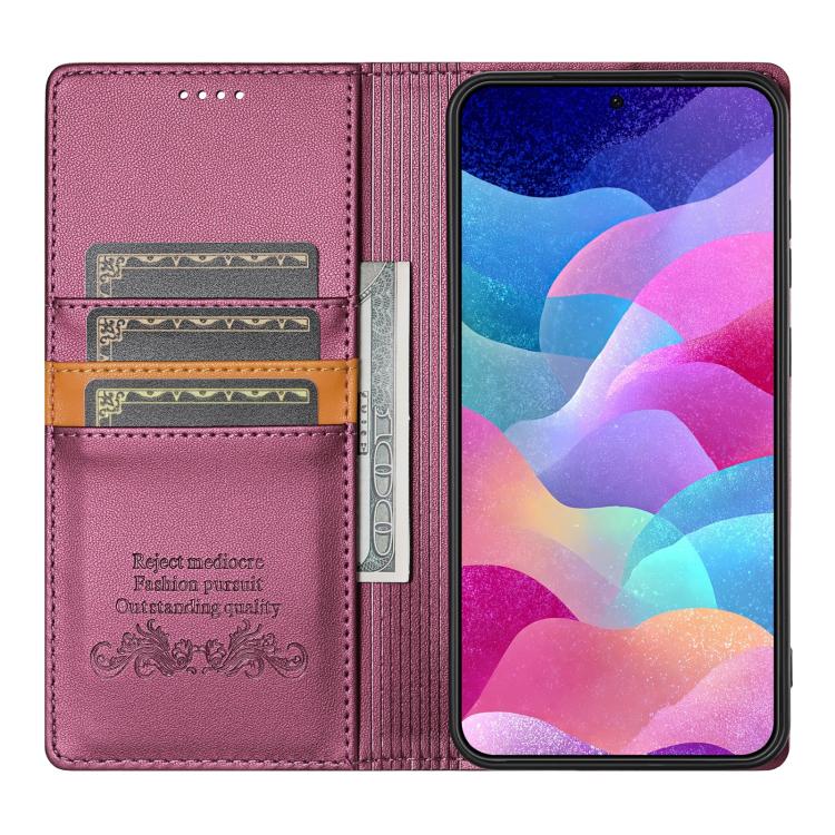 Funda de cuero con tapa magnética y costuras RFID para Samsung Galaxy S23 5G N.BEKUS P3 (rojo vino)