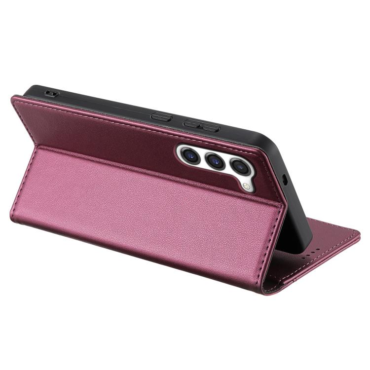 Funda de cuero con tapa magnética y costuras RFID para Samsung Galaxy S23 5G N.BEKUS P3 (rojo vino)