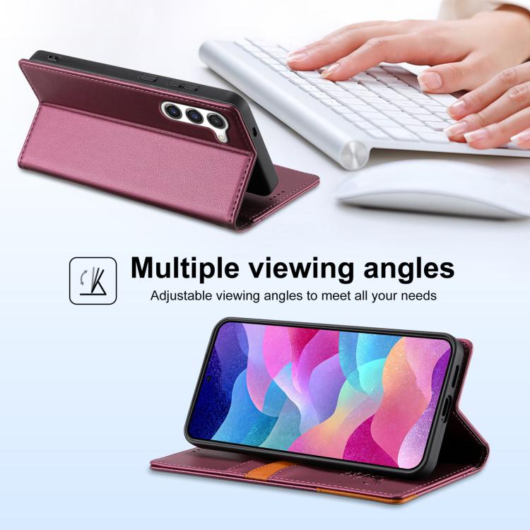 Funda de cuero con tapa magnética y costuras RFID para Samsung Galaxy S23 5G N.BEKUS P3 (rojo vino)
