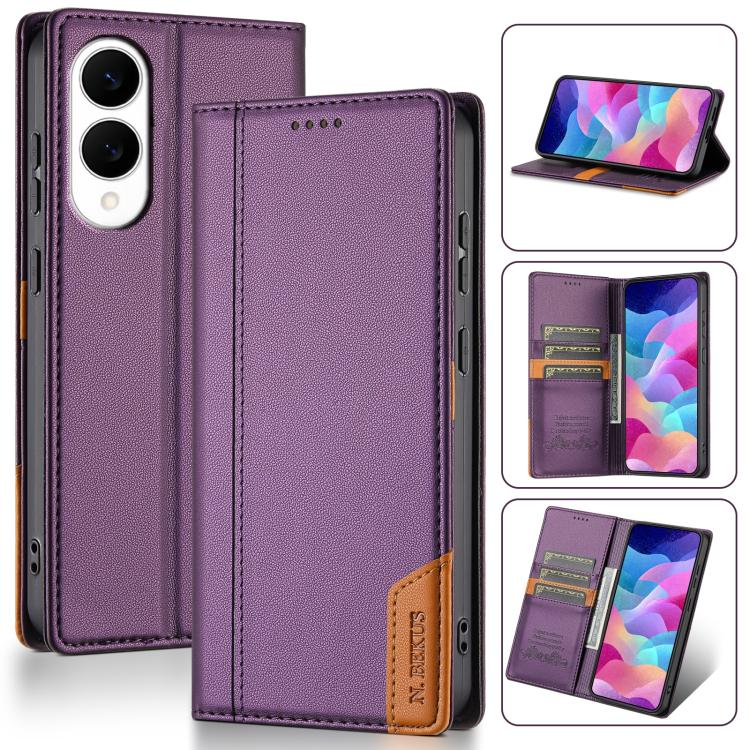 Funda de cuero con tapa magnética y costuras RFID para Samsung Galaxy S25 Edge 5G N.BEKUS P3 (morado)