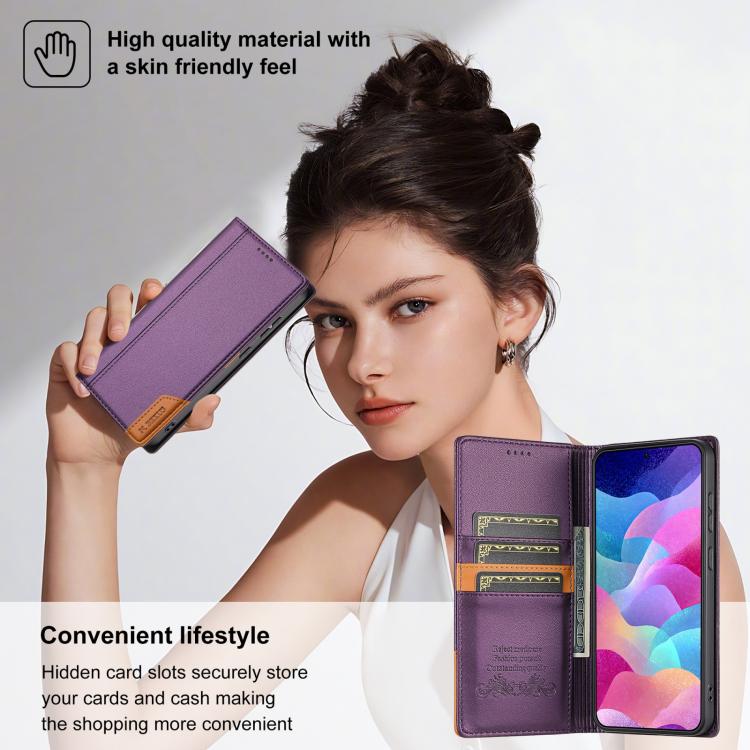 Funda de cuero con tapa magnética y costuras RFID para Samsung Galaxy S25 Edge 5G N.BEKUS P3 (morado)