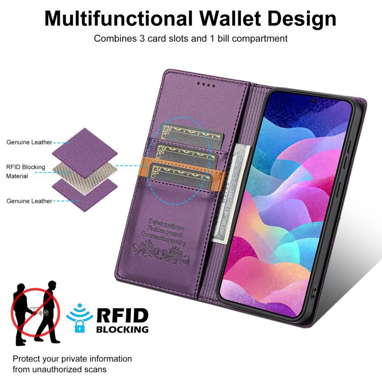 Funda de cuero con tapa magnética y costuras RFID para Samsung Galaxy S25 Edge 5G N.BEKUS P3 (morado)