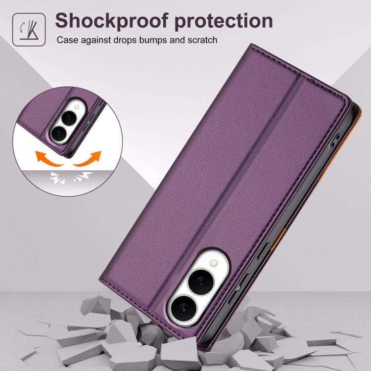 Funda de cuero con tapa magnética y costuras RFID para Samsung Galaxy S25 Edge 5G N.BEKUS P3 (morado)