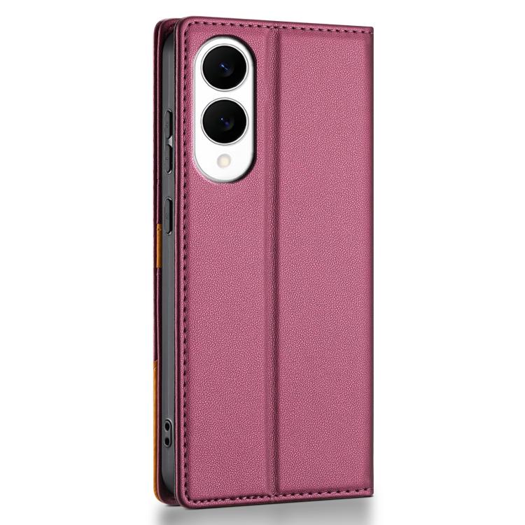 Funda de cuero con tapa magnética N.BEKUS P3 con costuras RFID para Samsung Galaxy S25 Edge 5G (rojo vino)