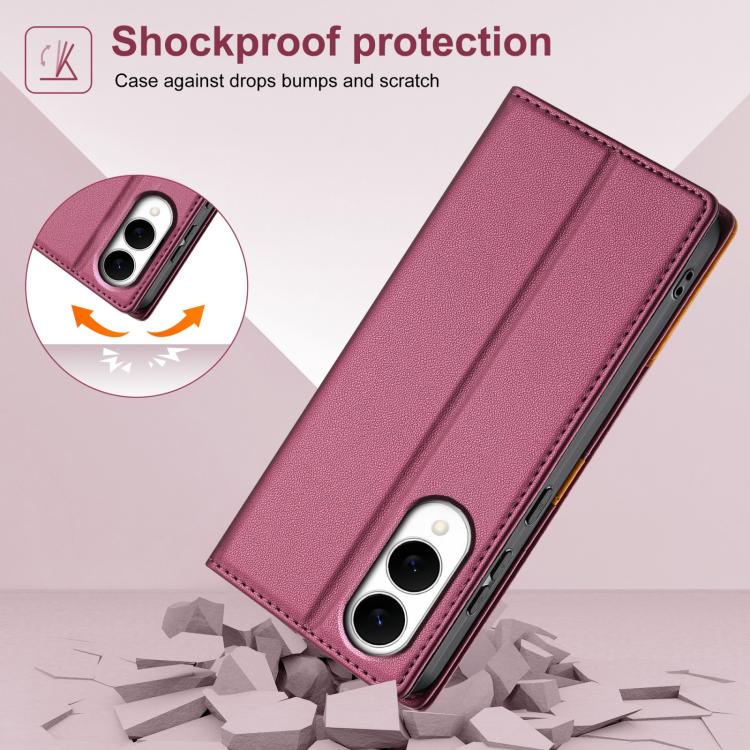 Funda de cuero con tapa magnética N.BEKUS P3 con costuras RFID para Samsung Galaxy S25 Edge 5G (rojo vino)
