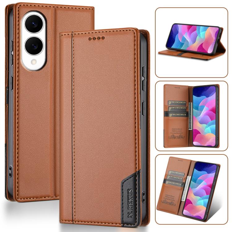 Funda de cuero con tapa magnética y costuras RFID para Samsung Galaxy S25 Edge 5G N.BEKUS P3 (marrón)