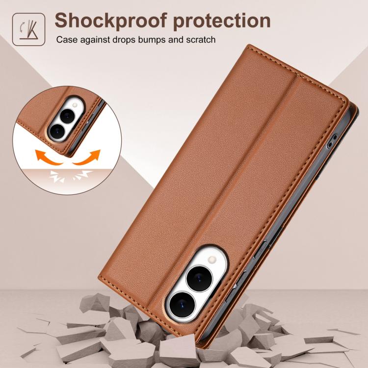 Funda de cuero con tapa magnética y costuras RFID para Samsung Galaxy S25 Edge 5G N.BEKUS P3 (marrón)