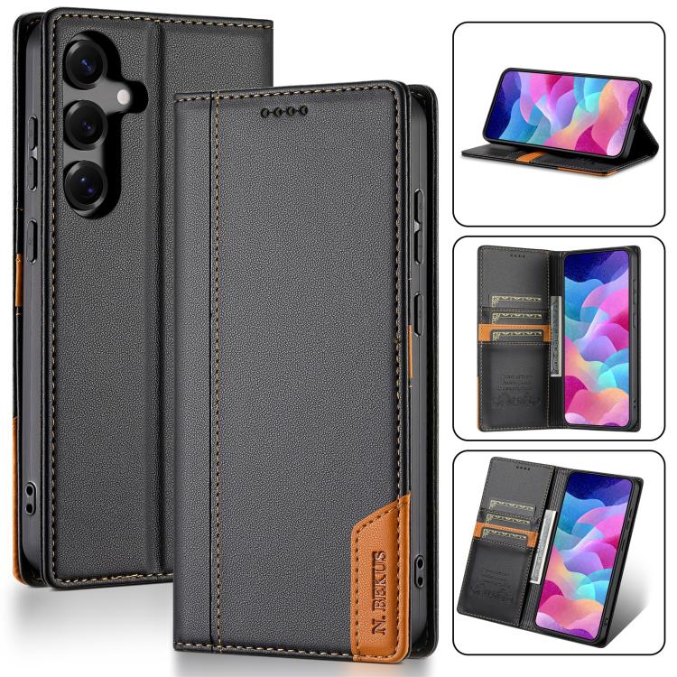 Funda de cuero con tapa magnética y costuras RFID para Samsung Galaxy S25+ 5G N.BEKUS P3 (negra)