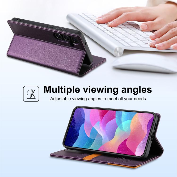 Funda de cuero con tapa magnética y costuras RFID para Samsung Galaxy S25 FE 5G N.BEKUS P3 (morado)