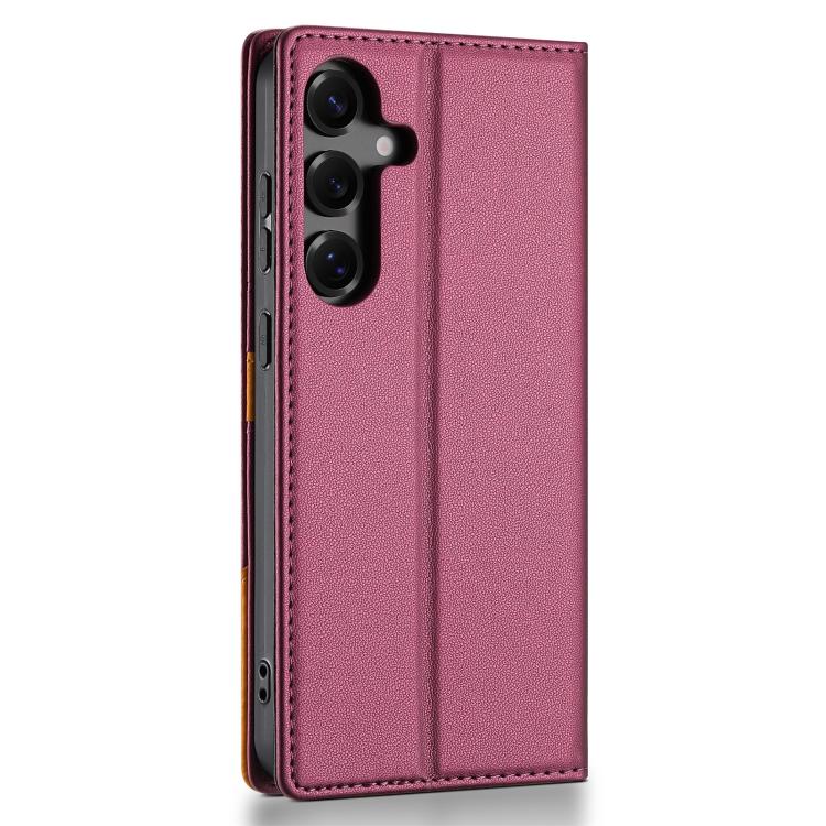 Funda de cuero con tapa magnética N.BEKUS P3 con costuras RFID para Samsung Galaxy S25 FE 5G (rojo vino)